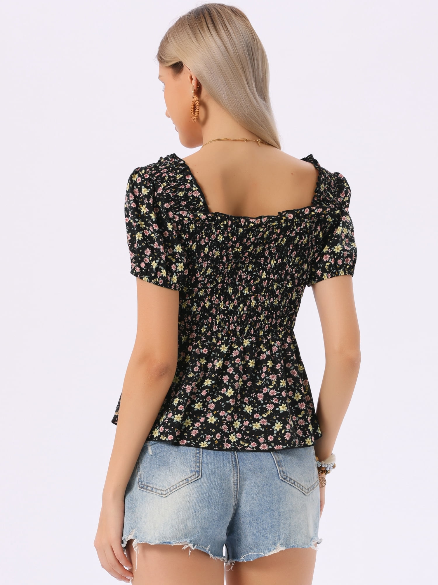 DARING DIVA Women's Puff Sleeve Floral Sweetheart Neck Ruffle Peplum Top XL Black