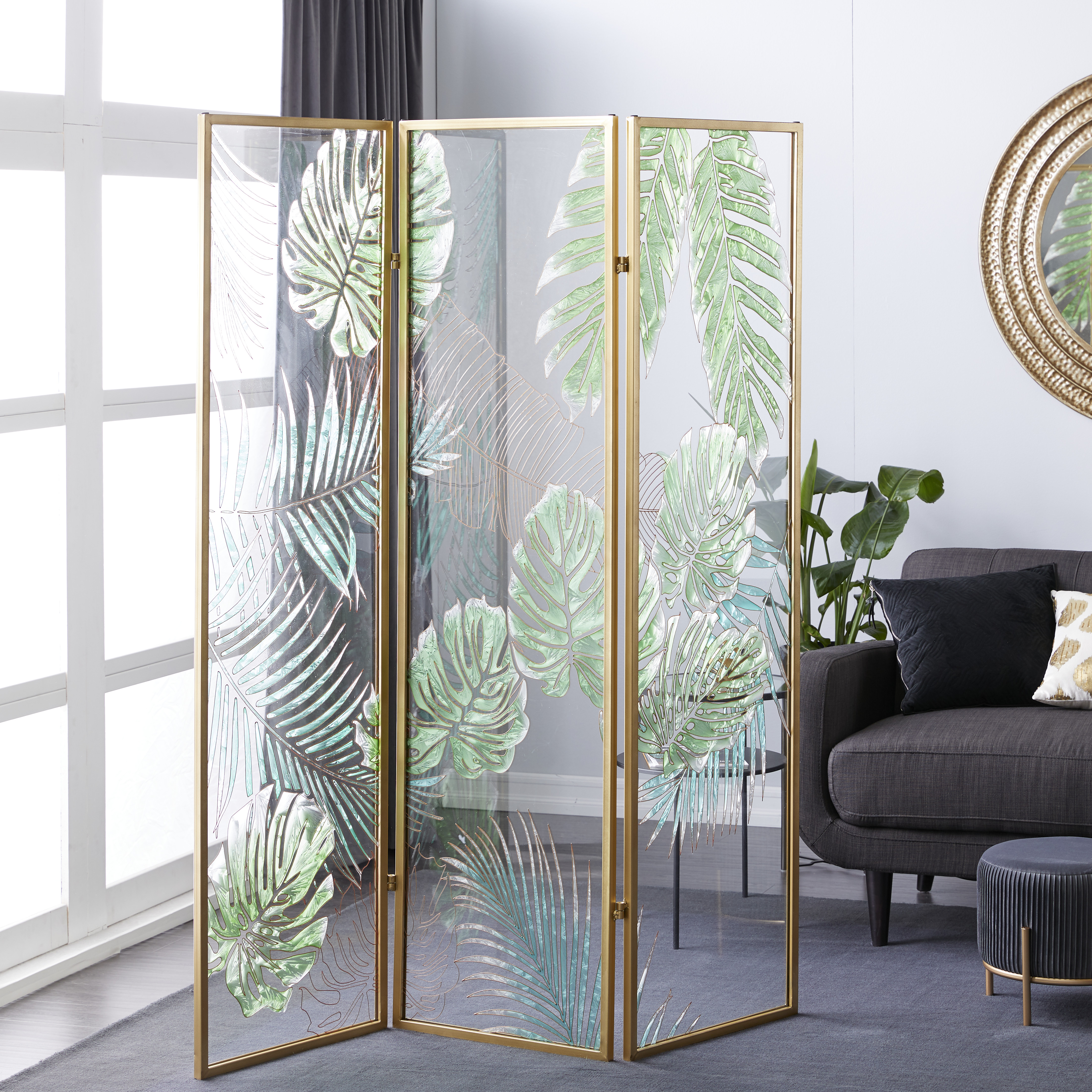 DecMode Large Gold Tempered Glass and Metal Room Dividers w/ Green
