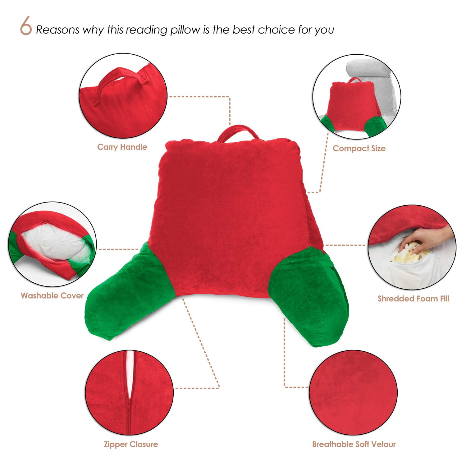 Clara Clark Backrest with Arms and Pockets- Premium Shredded Memory Foam, Medium, Red and Gray