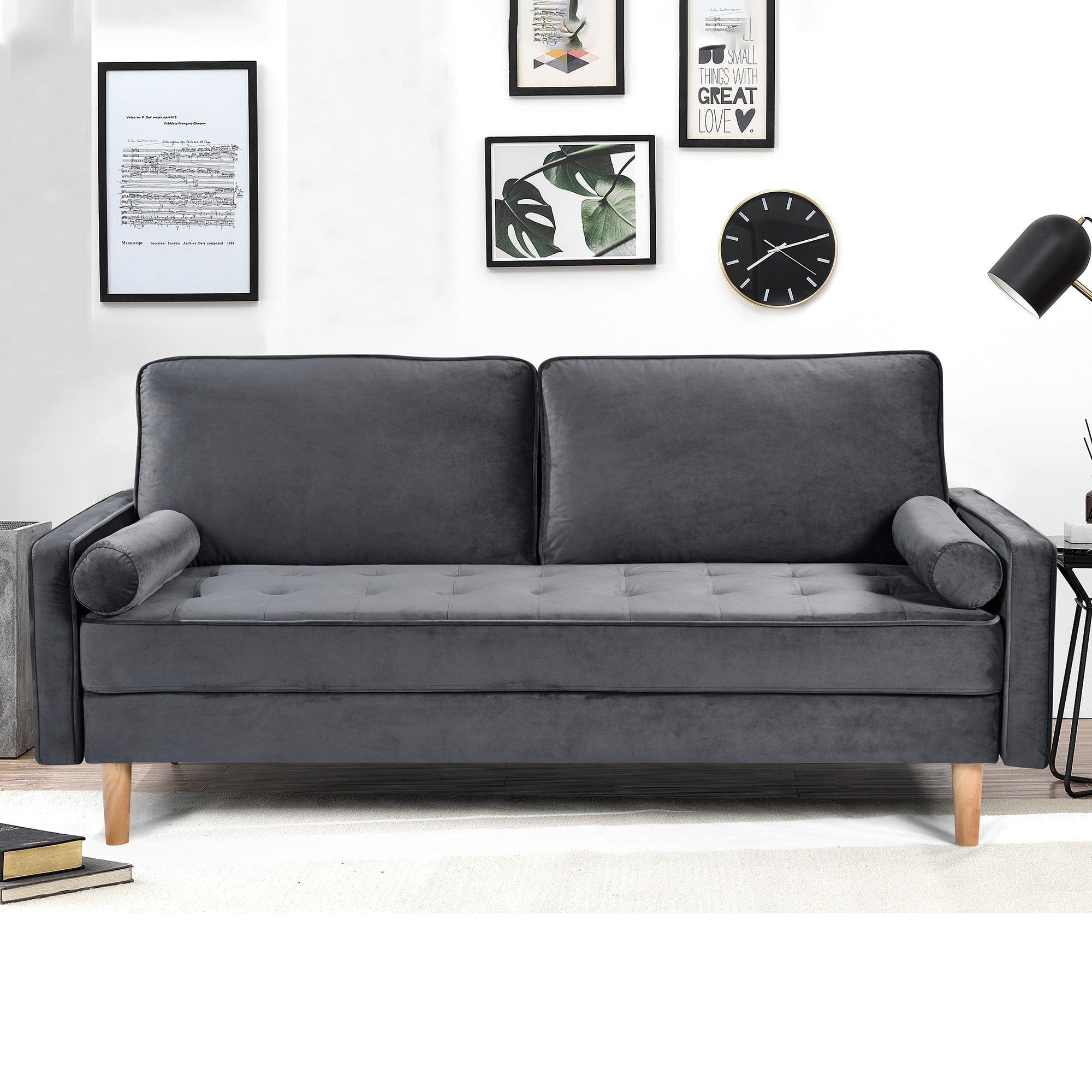 70" Modern Velvet Loveseat Sofa Couch,Mid-Century Tufted Upholstered Small Love Seat Couch with 2 Pillows for Compact Space,Living Room,Apartment,Grey
