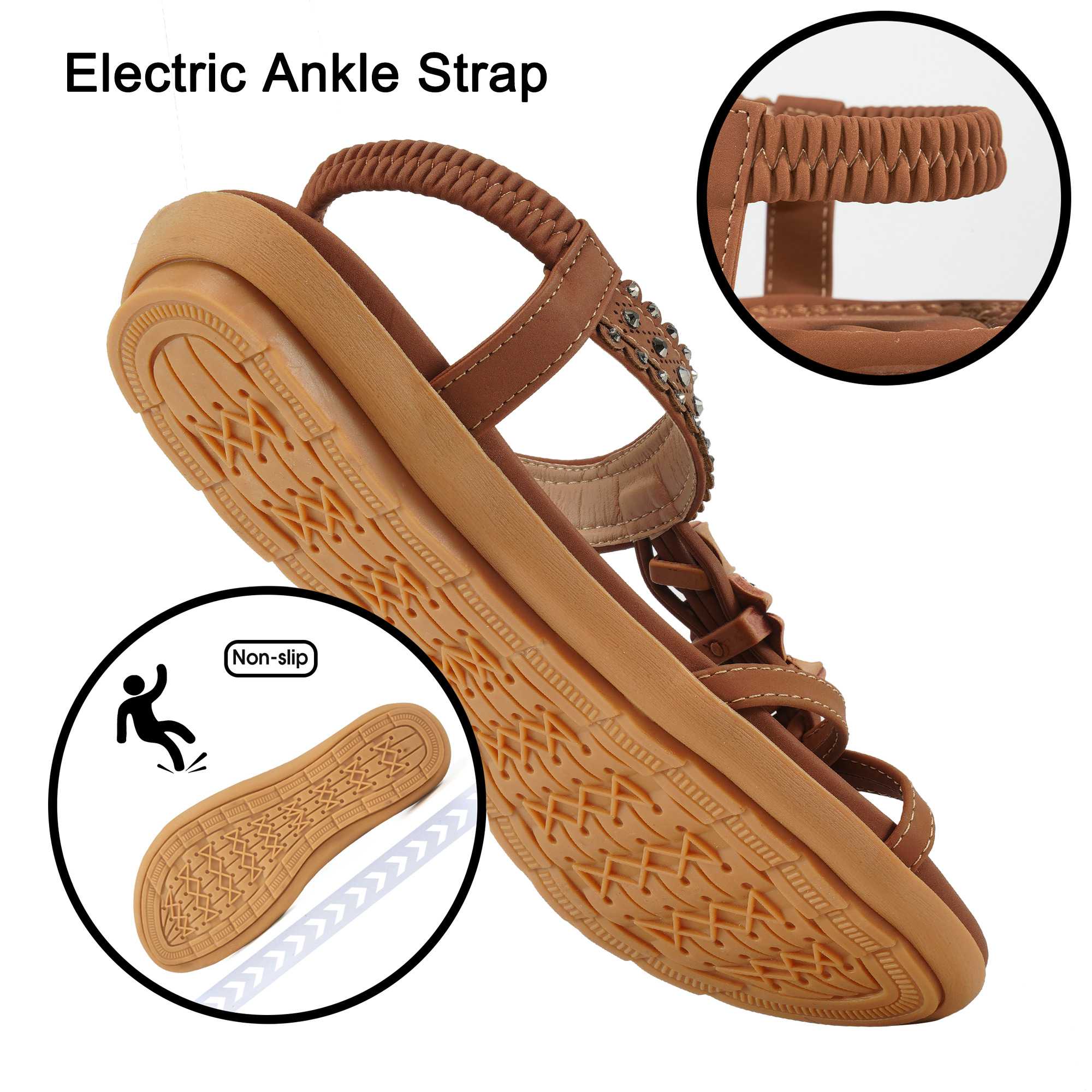 Ecetana Women's Elastic Ankle Strap Flat Sandals, Brown photo 5