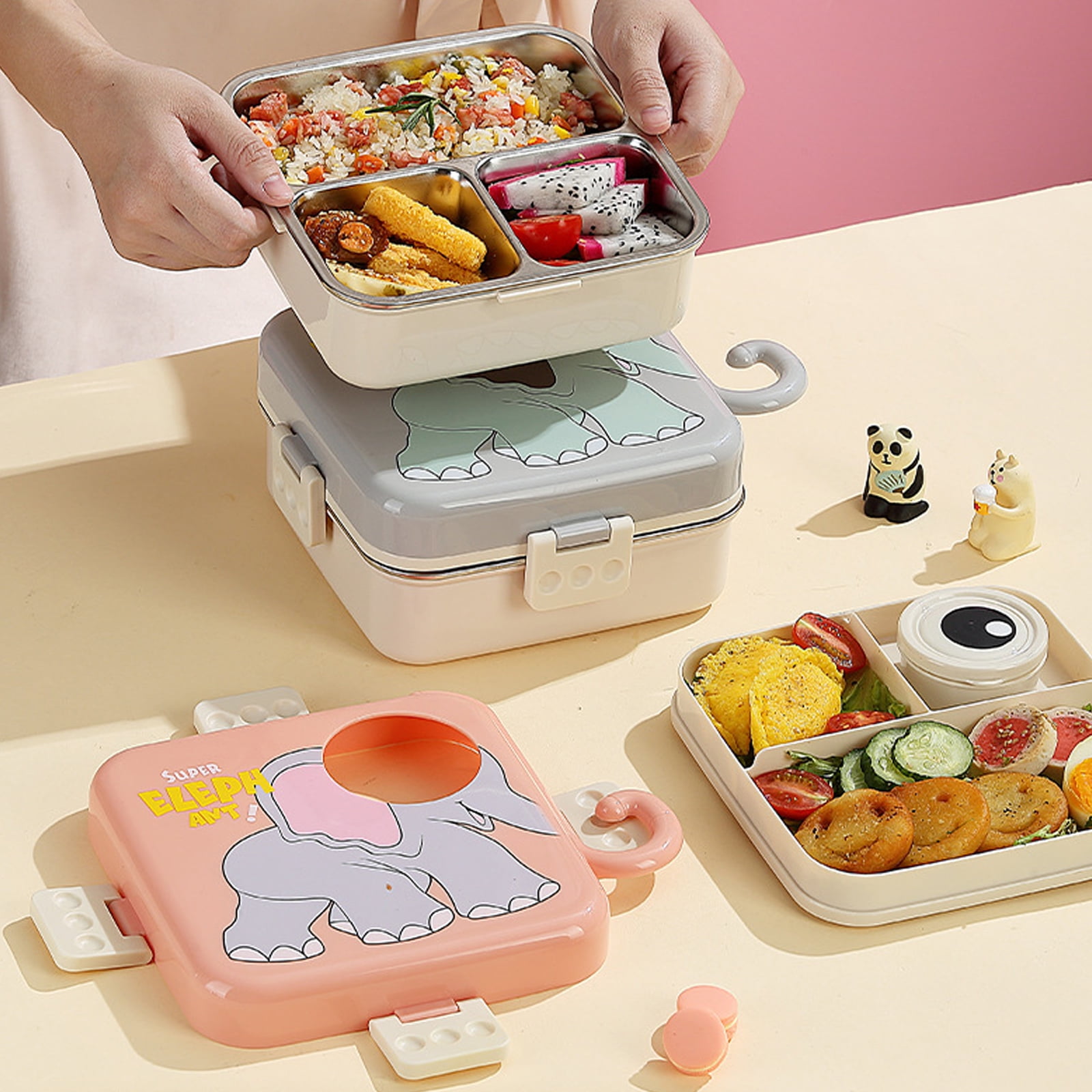 lixuesong Portable Student Lunch Box 3 Compartment Food Storage Container Cartoon Styles Stainless Steel Insulated Bentos Holder