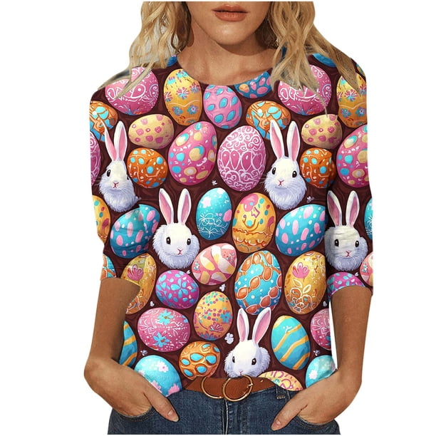 Camisetas de Pascua para Mujeres Casual Suelto Cuello Redondo Tres Cuartos de Manga Suéter