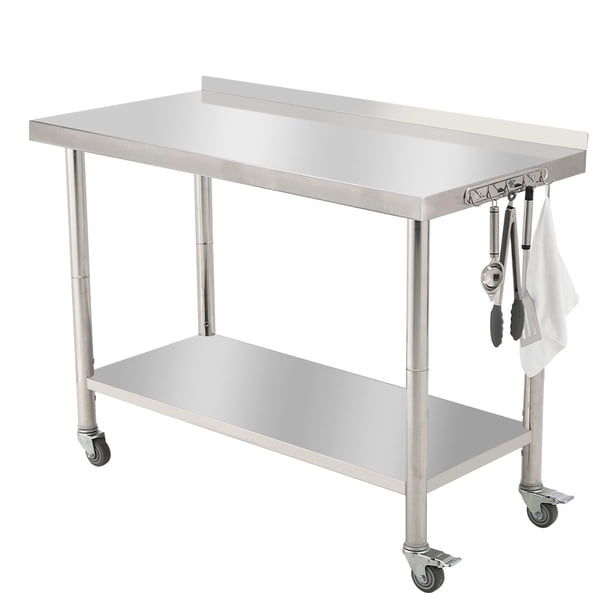 Yeshouse Mesa de acero inoxidable para preparación y trabajo con protector contra salpicaduras, mesa de cocina resistente con estante inferior ajustable y patas para restaurantes, hogares y hoteles