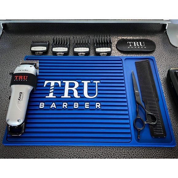 TRU BARBER ORGANIZER MAT 14 X 9 (AZUL) Tapete de estación de PVC flexible Tapete profesional Almohadillas para estaciones de trabajo de salón y barbería Herramientas de salón de belleza peluquero Tape