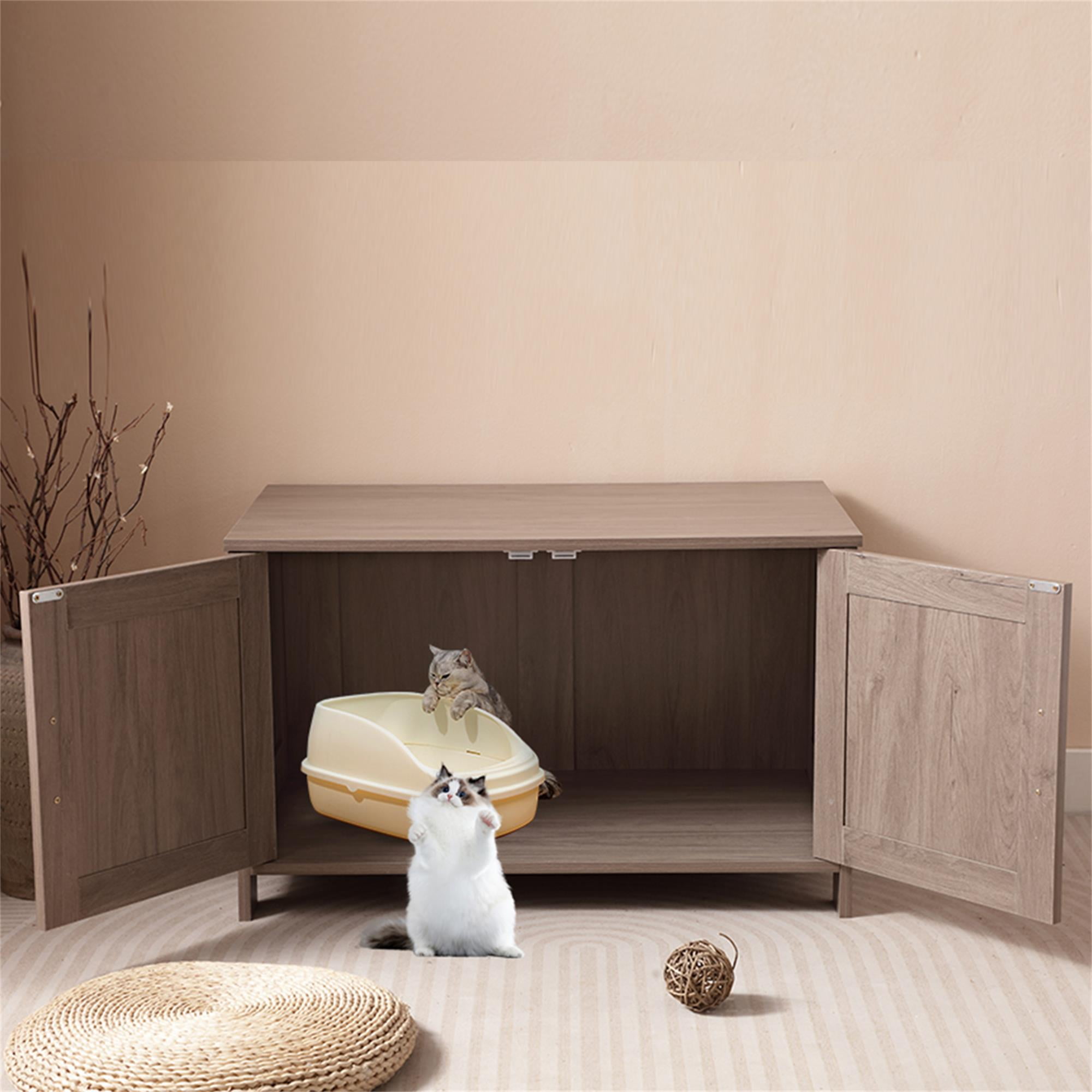 Kadyn 31" Hidden Cat Litter Box Enclosure Furniture with Barn Door, Indoor Cat Washroom, Wooden Enclused Litter Box Cat House, Brown