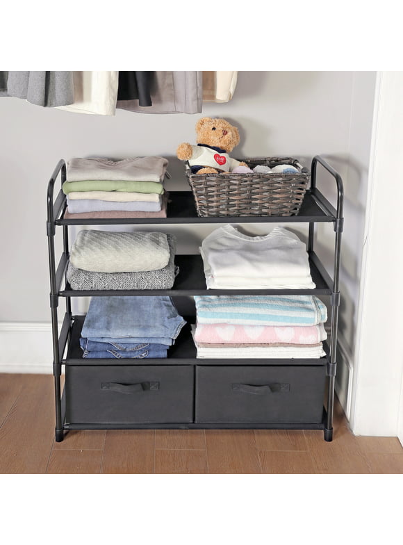 Mainstays 4 Shelf Closet Organizer with 2 Fabric Bins, Black, Indoor, Adult and Child