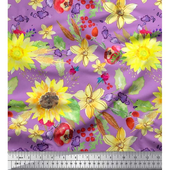 Soimoi Poly Georgette Fabric Leaves & Sunflower Watercolor Decor Fabric Printed Yard 52 Inch Wide