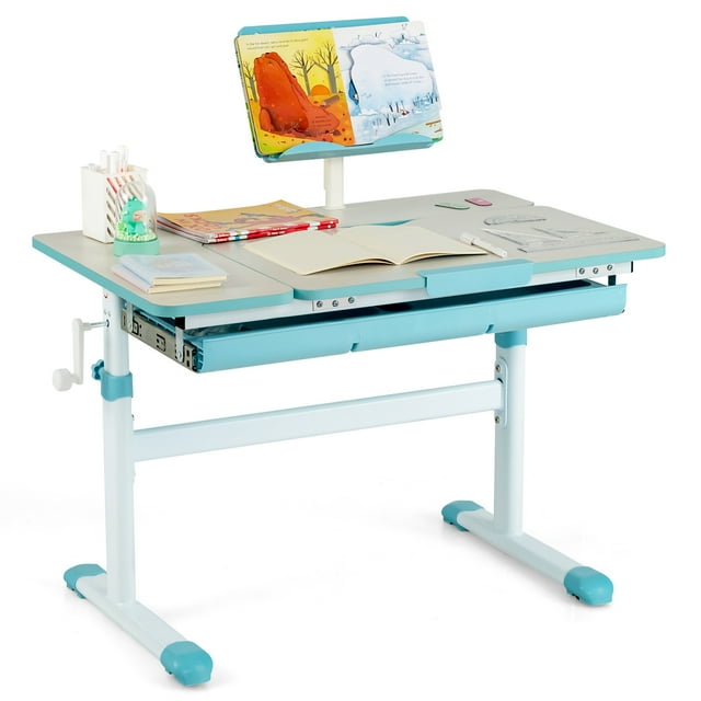 Costway Bureau pour Enfants à Hauteur Réglable Table d'Étude pour Enfants avec Plateau Inclinable et Support de Livre Bleu