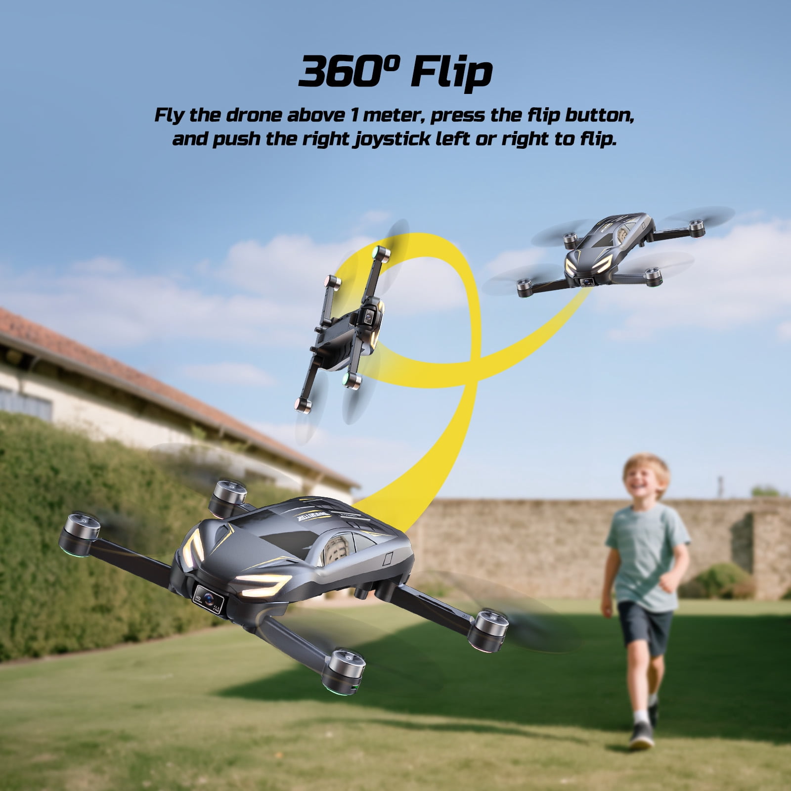 Wefone D12 2-in-1 Racing Car Drone for Kids & Adults with Camera, 6 LED Lights, 2 Adjustable Speeds, Easy to Fly & Crash-Resistant, 2 Batteries, Gray