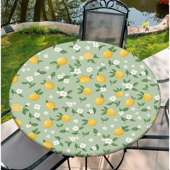 Round Tablecloth with Elastic Edge, 36-60Inch Waterproof Table Cloth for Dinner, Outdoor, Picnic, 44inch, Cute Lemon