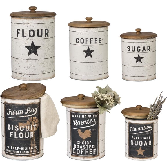 Primitives by Kathy Farmhouse Tin Airtight Food Storage Canister with Sealable Bags, Set of 6
