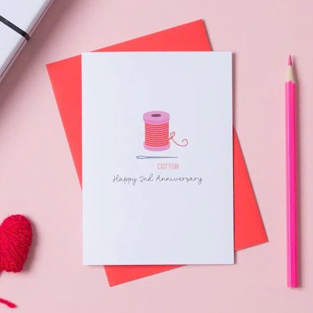 2nd Anniversary Card – Cotton Theme Greeting Card with Yarn Spool Design – Includes Red Envelope – Perfect for Celebrating Paper Anniversary