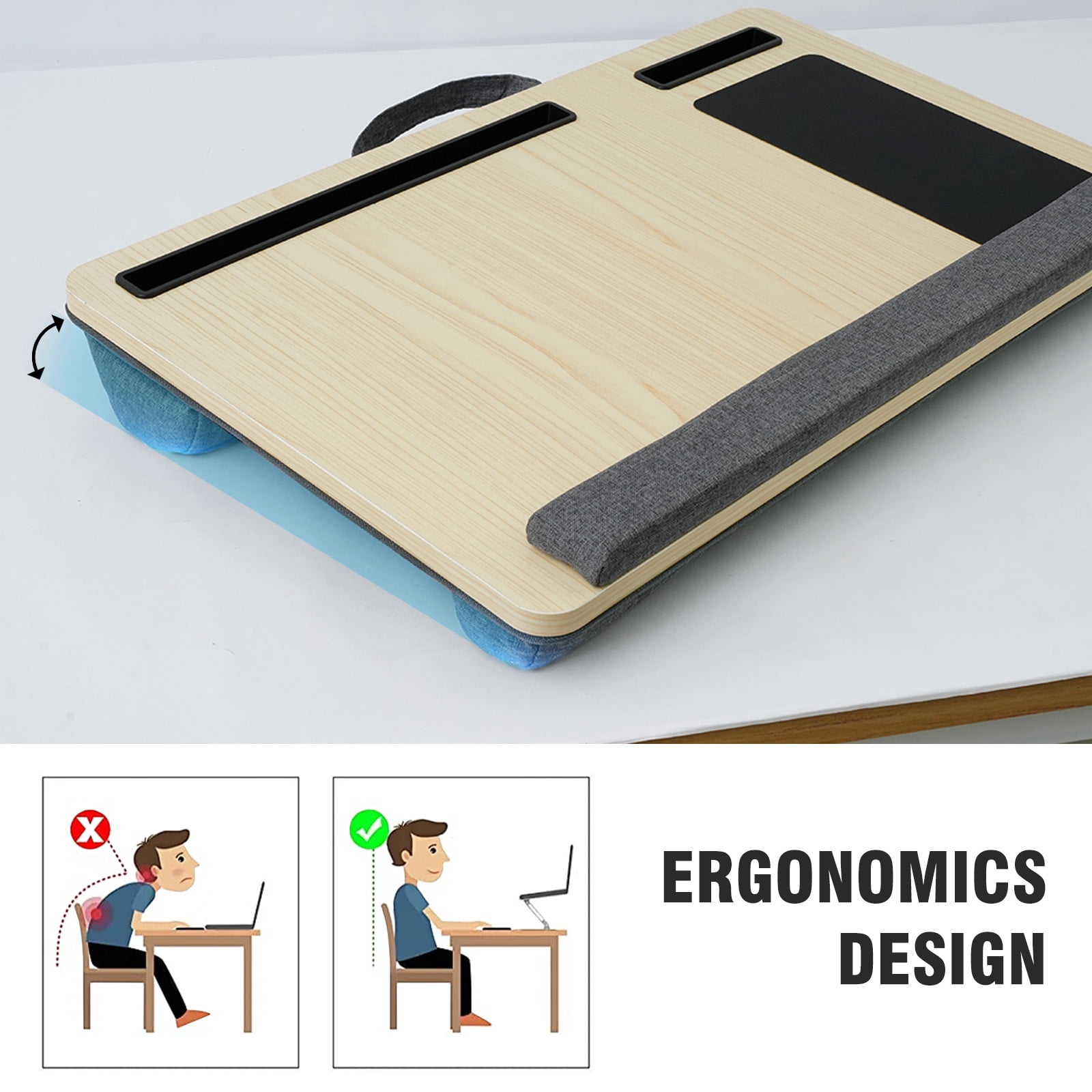 Baokaler Portable Lap desk, Laptop Desk with Pillow, Wood Lapdesk Bed Table with Soft Pillow, Fits up to 15.6 inches, White
