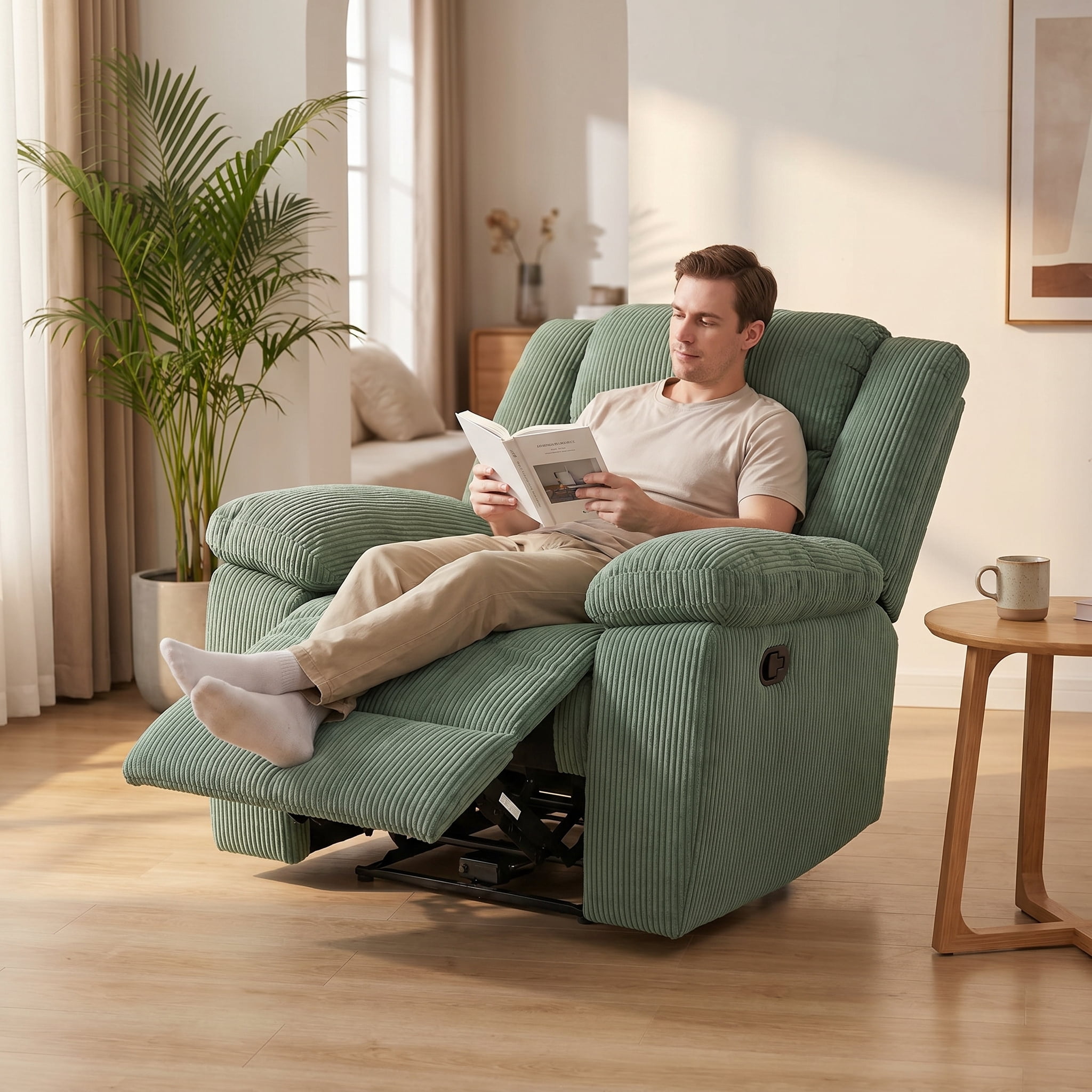 Corduroy Sectional Sofa Set, 3-Piece Soft Green Sofa Manual Recliner Couch with Loveseat & Recliner Chair, Built-in Cup Holders, Storage Console & Fold-Down Table, Plush Couch Set for Living Room