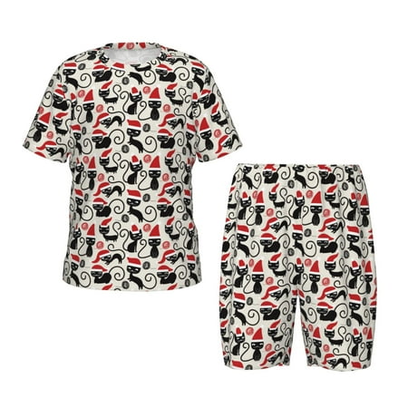 Luyuia Christmas Cat Print Girls  2-Piece Tie-Dye Pajama Set  Cute Summer Loungewear with Shirt and Tank Shorts Nightwear-Medium