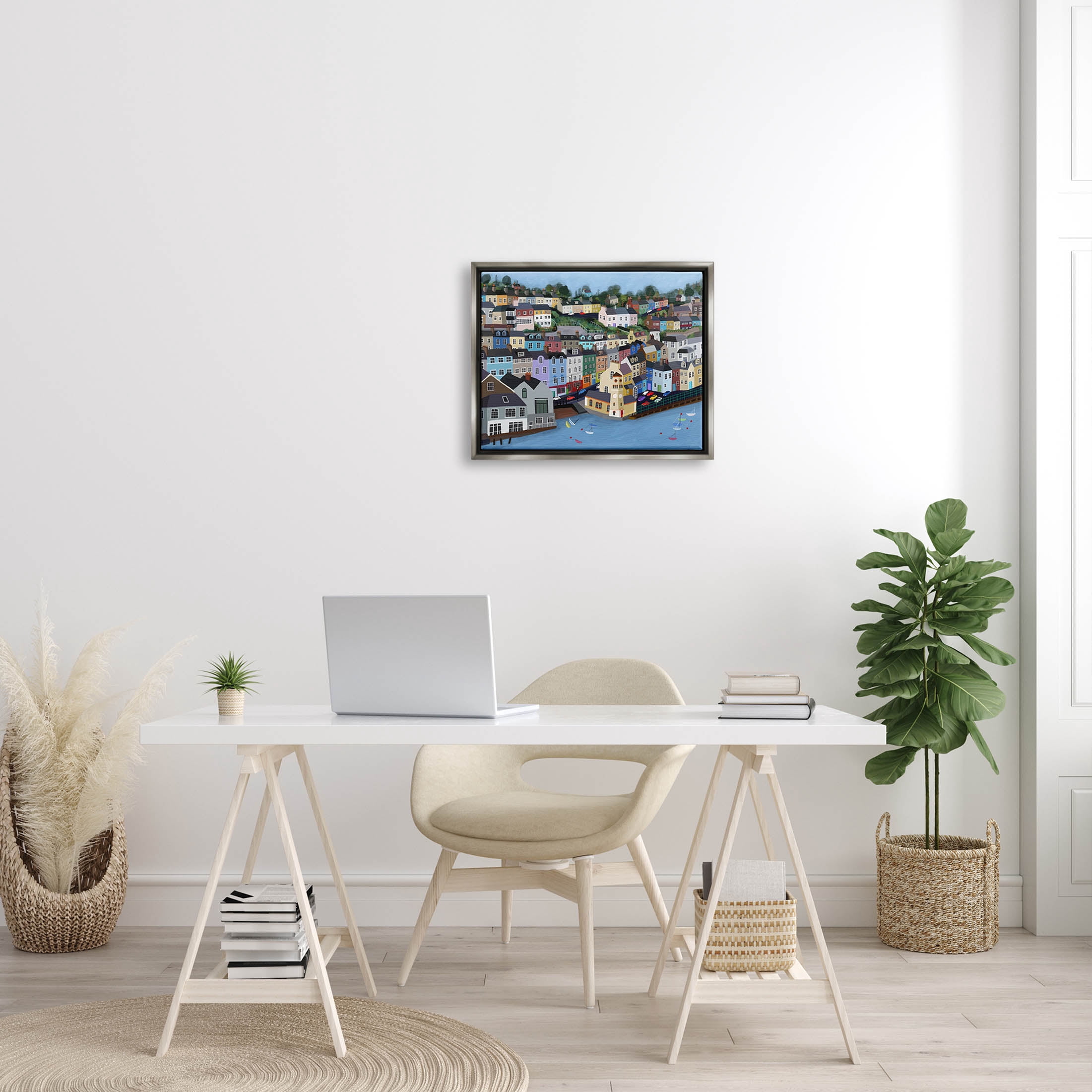 Stupell Industries Seaside City Neighborhood Streets Graphic Art Luster Gray Floating Framed Canvas Print Wall Art, Design by Carla Daly