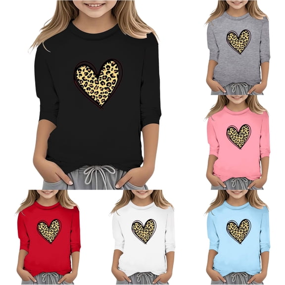 Little Girls Cute 3/4 Sleeve T Shirts Heart Print Fashion Crew Neck Casual T Shirt Top Size 7-8T ,Black