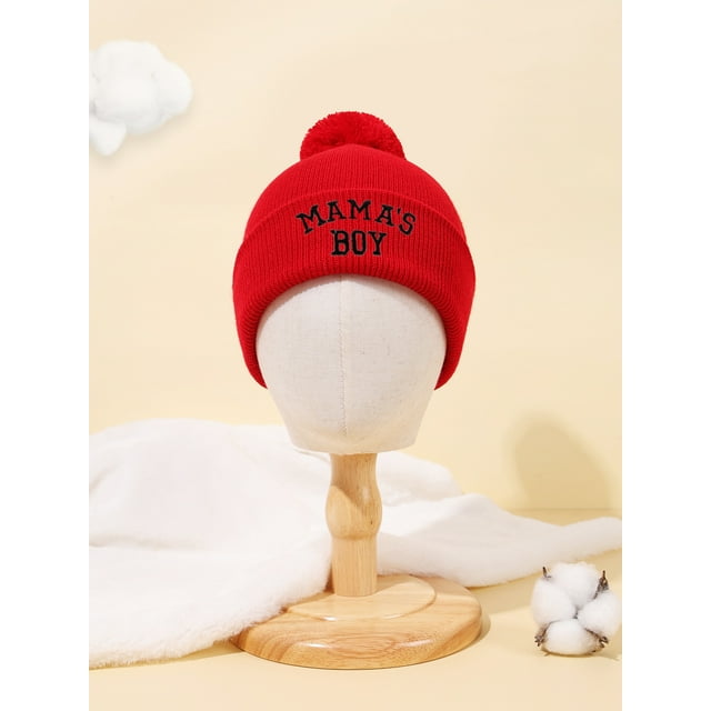 5 Pcs/3 Pcs/1 Pce Bonnet Tricoté Chaud pour Enfants Automne/hiver avec Design Brodé de Garçon de Maman avec Pompon Protection des Oreilles Bonnets Chauds Rouge Taille Unique
