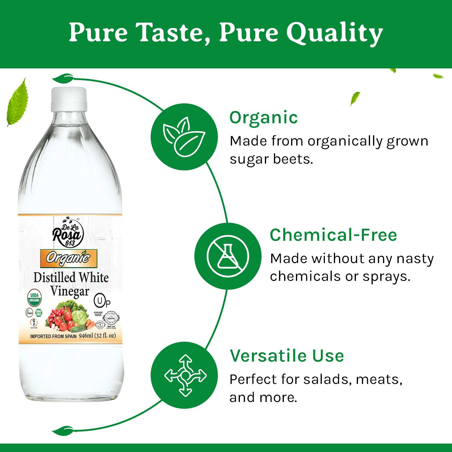 De La Rosa 613 Organic Distilled White Vinegar, 32 Oz (Pack of 2)