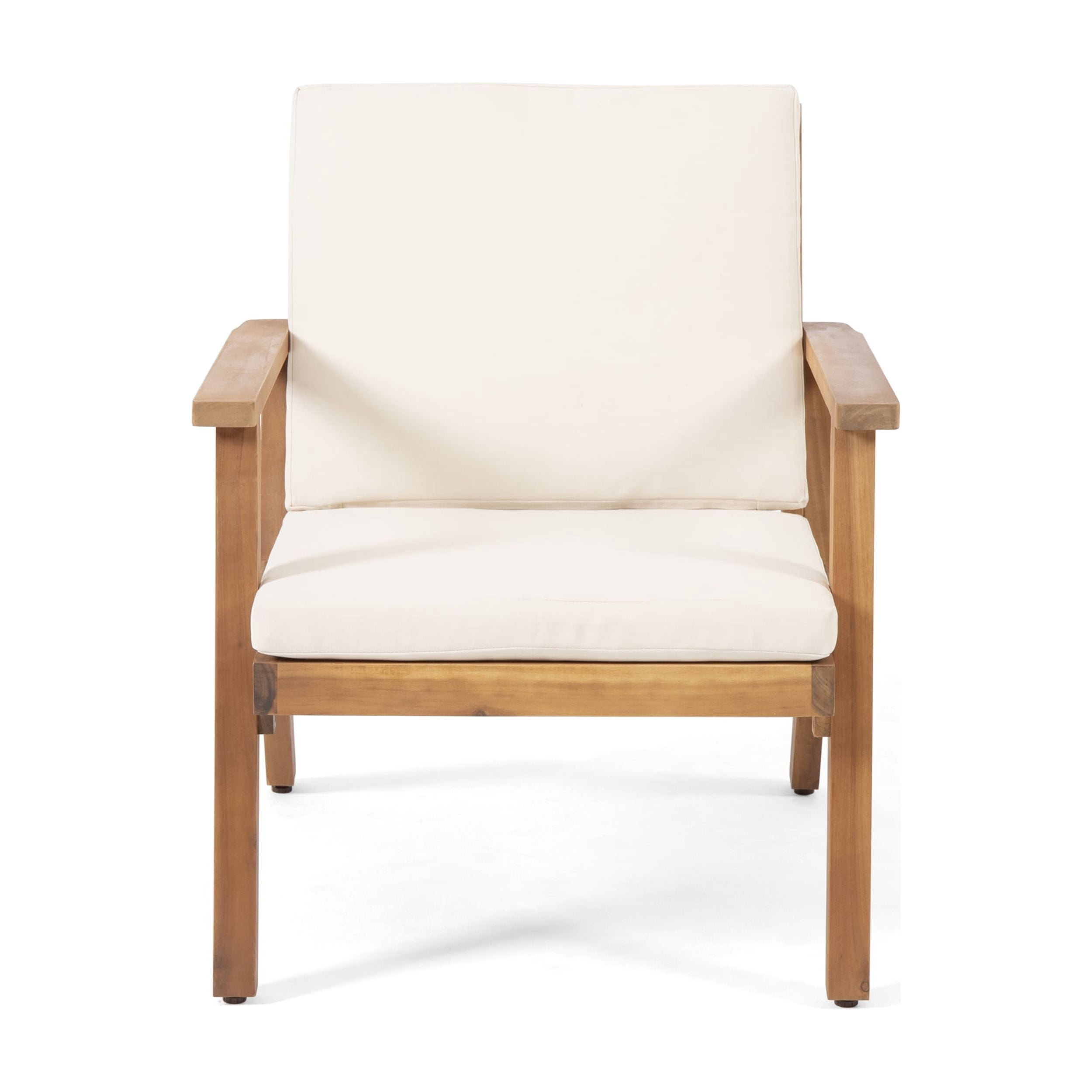 Outdoor Cushioned Single Chair Set of 2, Acacia Wood Frame Relaxing Seats for Patio Garden, Teak and Cream