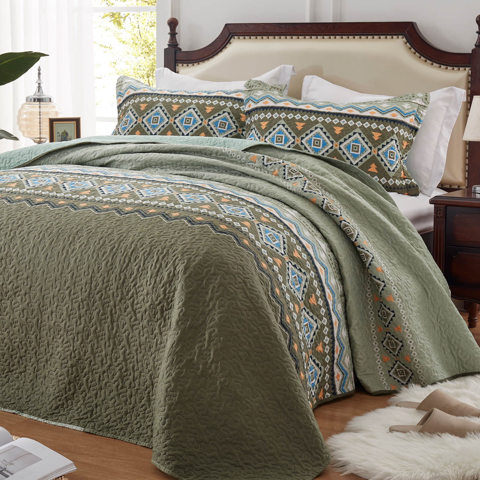 3-Piece King Size Quilt Set - Olive Green Bohemian Bedspread Coverlet with 2 Pillow Shams, Microfiber