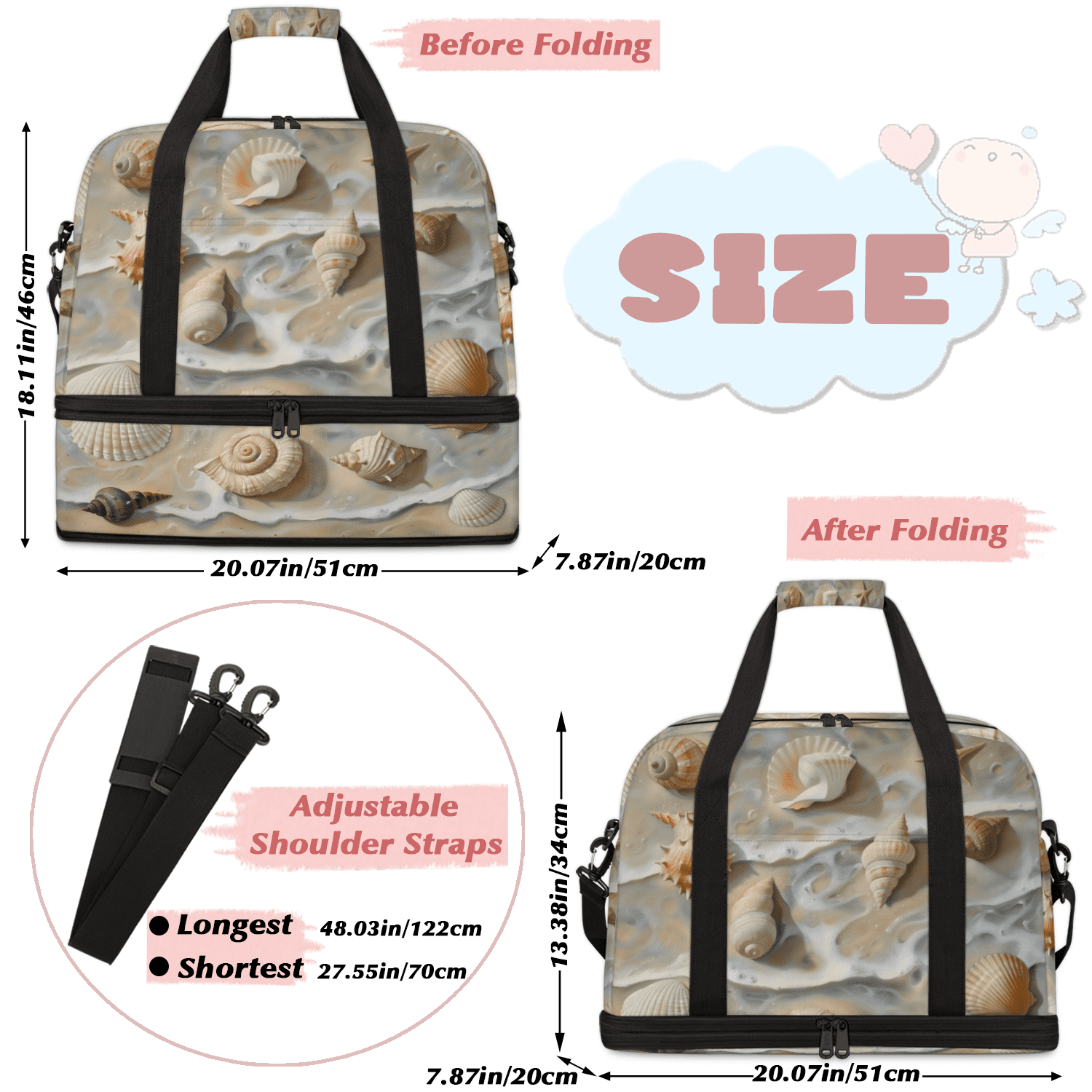 Herdesigns Beach Shells Starfish Sand Foldable Travel Duffel Bag with Shoe Compartment, Weekend Overnight Carry On Bags for Men Women, Large Sports Gym Luggage