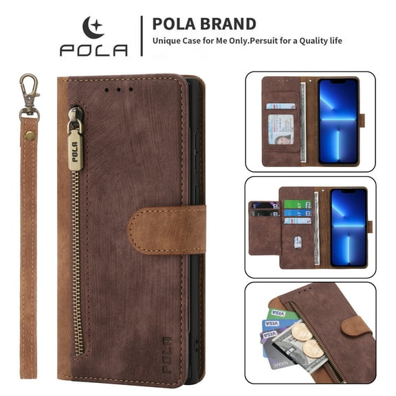 Mantto Wallet Case Compatible with Google Pixel 7 Pro, Premium PU Leather Zipper Folio Wallet RFID Blocking with Wrist Strap Magnetic Closure Built-in Kickstand Protective Case,Brown