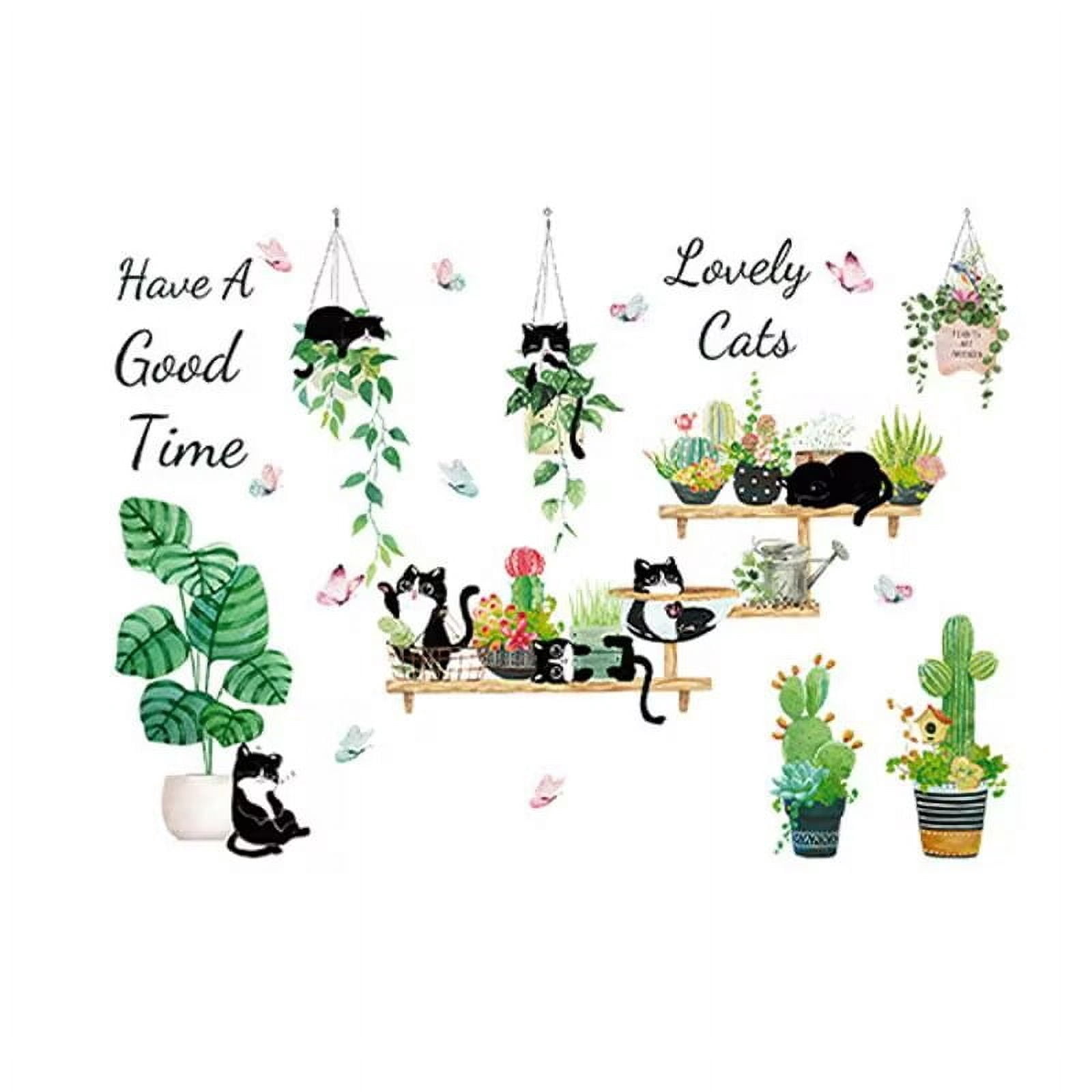 Green Potted Plant Cactus Wall Decal Cute Black Cat Stickers, Creative Tropical Bonsai Flower Cactus Wallpaper, Removable Animal Art Mural for Bedroom Kitchen Nursery Home Decoration