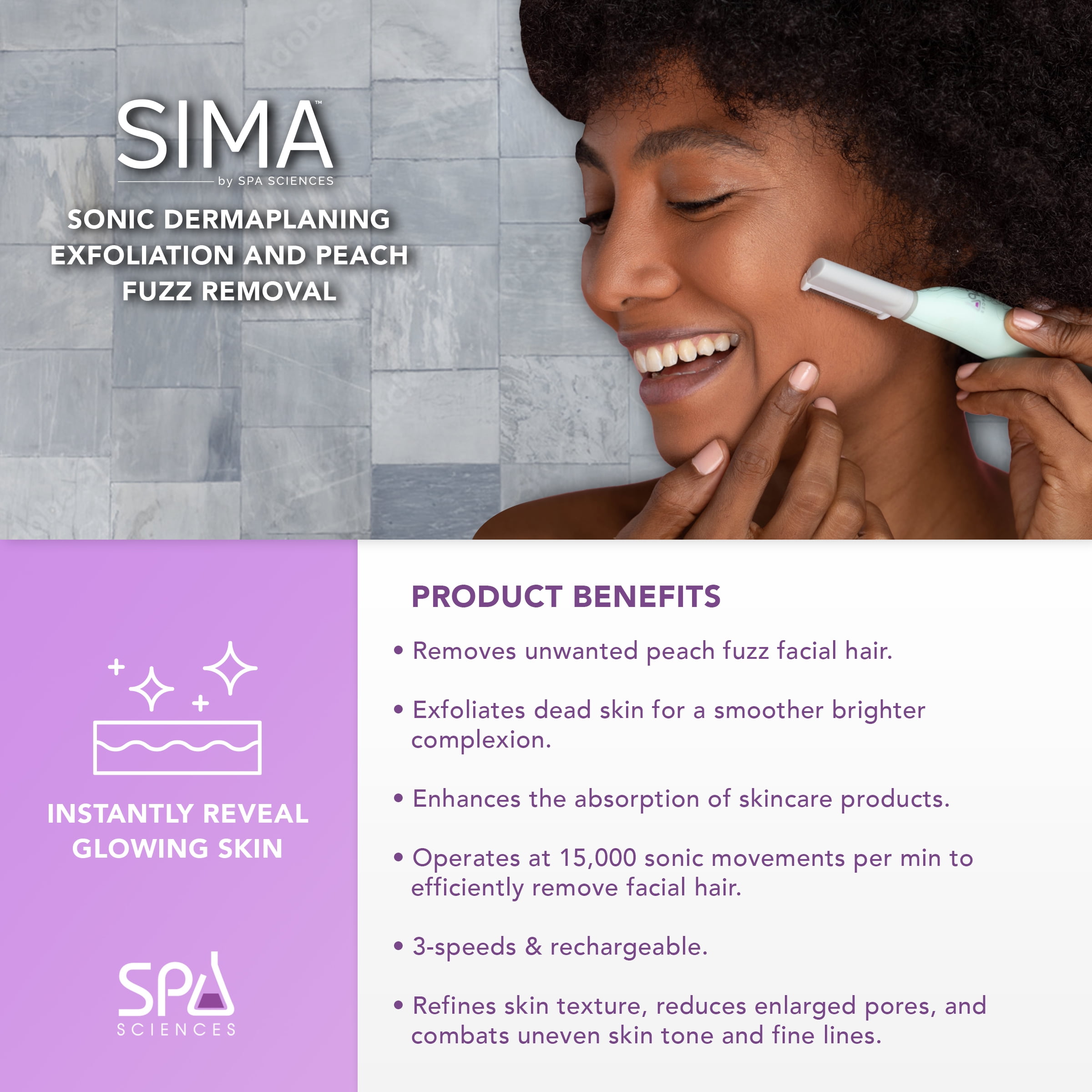 Spa Sciences SIMA Dermaplane Razor – 2-in-1 Exfoliation & Hair Removal, 3 Speeds, 7 Tips, Rechargeable, Compact Stainless Steel, Green
