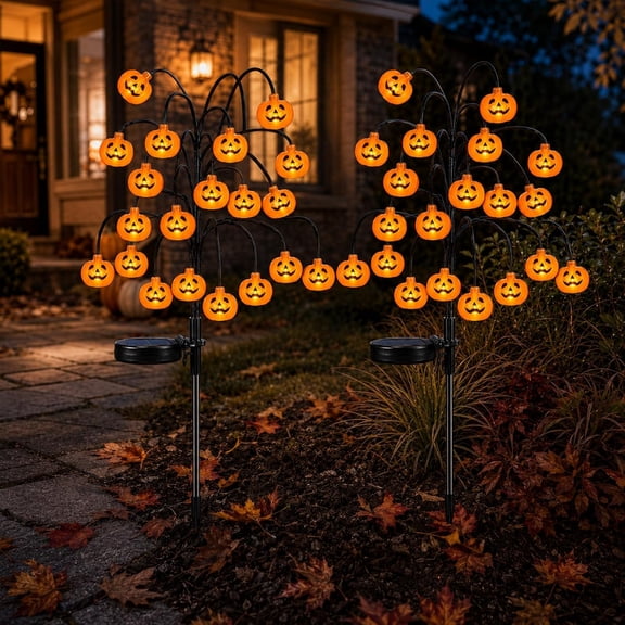 Pumpkin Solar Branch Lights, 2 Pack 29.9-Inch 40 LED Halloween Garden Stakes with 8 Modes, IPX4 Solar Pathway Lights for Yard Patio Lawn Outdoor Decor