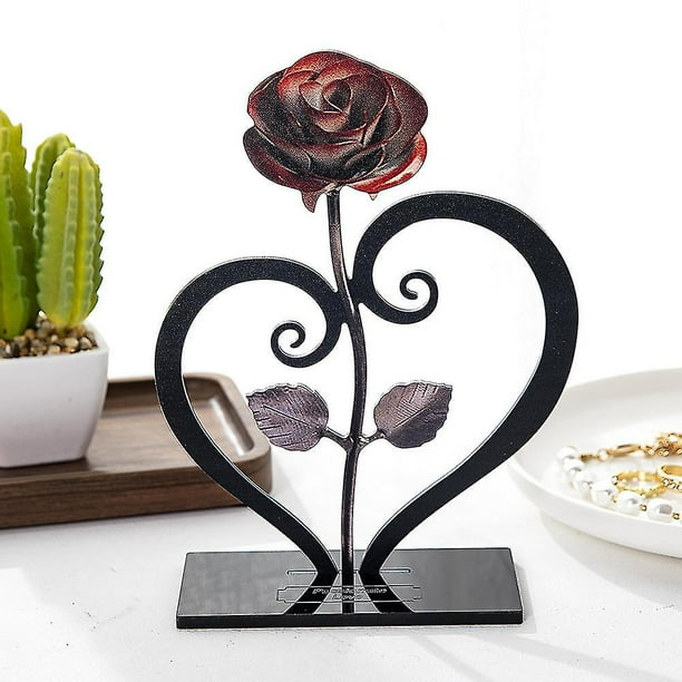 Regalo Rosa de metal rojo forjado a mano de hierro forjado con soporte en forma de corazón