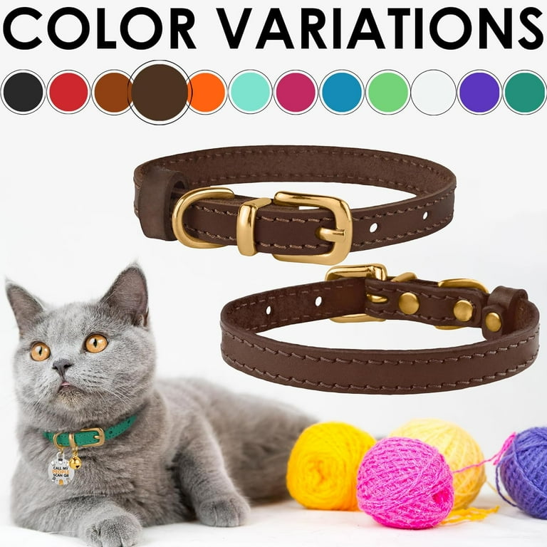 BRONZEDOG Leather Cat Collar with Bells Non Breakaway Kitten QR