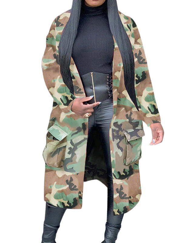 Women Camouflage Jacket Military Camo Cardigan Long Trench Tops Coat Overcoat US 