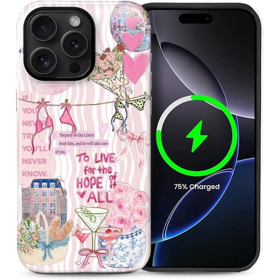 Magnetic Phone Case for iPhone 15 Pro Max, Compatible with MagSafe, Durable 2 Layers Full Covered Shockproof Protective Cover-Preppy Aesthetic Striped Flower Collage