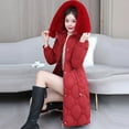 thumbnail image 4 of XPMWRP Women's Solid Color Windbreaker Thick Padded Quilted Jacket Knee-Length Drawstring Hooded Fleece Cotton Long Coat Red L, 4 of 4
