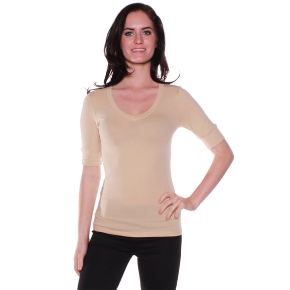 Emmalise Women's Slim Athletic Fit Vneck Tshirt Half Sleeves Top Jr Size (L Khaki, Medium)