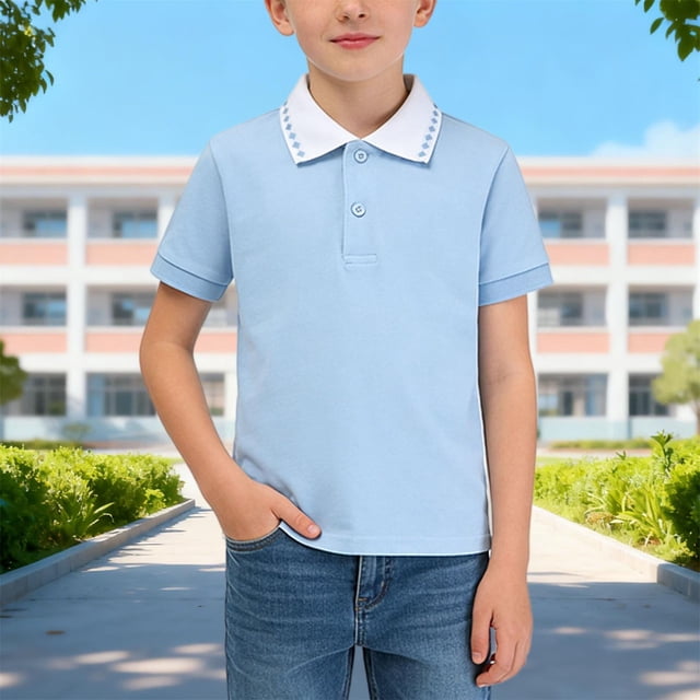 Blusa y camisa de manga corta con cuello vuelto y botones para niños Camiseta de manga corta con cuello vuelto y botones para niños Talla mediana a grande Casual Cómoda Top de poliéster para niños