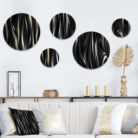 Designart "Floral Elegance In Black And Silver II" Abstract Round Wall Art Set Of 5 - Black Glam For Bedroom Wall Art Set