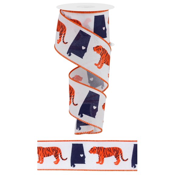 2.5" x10yd Orange Tiger with Navy Alabama State Wired Edge Ribbon, Auburn Theme with HeartRGE1948