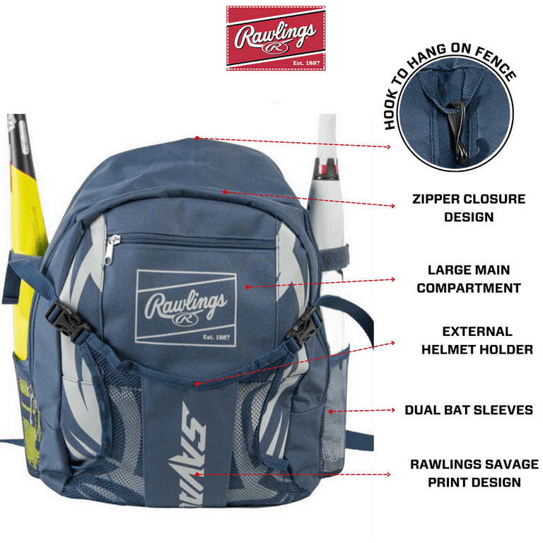 Rawlings Zaino Savage Per Attrezzatura Da Baseball E Softball – 40.6x30.5x15.2 Cm, Con Maniche Porta Mazza In Neoprene, Tasca Per Casco E Gancio Per Recinzione - 2