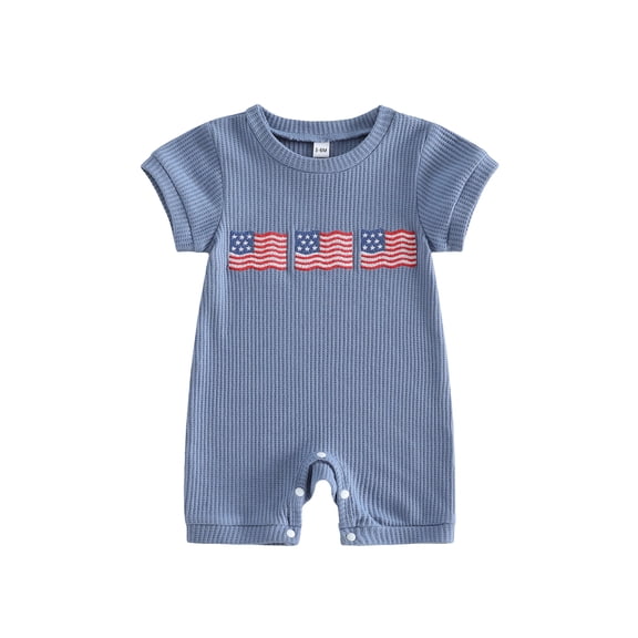 Cenuakty Infant Boy 0-18M Independence Day Romper Summer Crew Neck Short Sleeve America Flag Embroidery Waffle Knit Jumpsuit