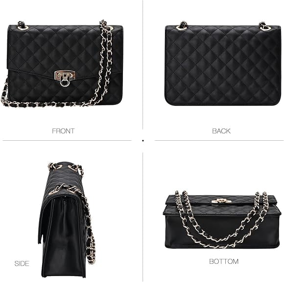 RKXQT Quilted Shoulder Bag for Women, Medium Flap Crossbody Handbag with Chain Strap, Soft Vegan Leather Clutch Purse  Blue Color: Black