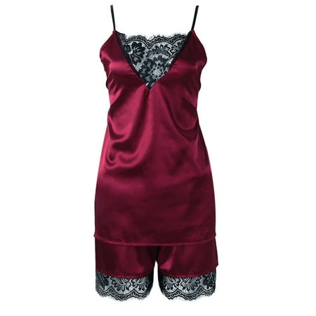 

VIEGINE Women Floral Eyelash Lace Sleepwear for Tank Top Shorts V-Neck Pajama Lingerie S
