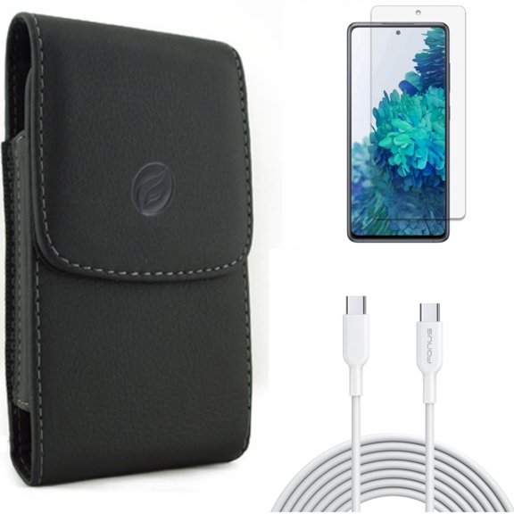 Case Belt Clip & Screen Protector & 10ft Long Type-C Cable for Samsung Galaxy S20 Fan Edition - Leather Holster   Anti-Glare Tempered Glass   Fast Charger Cord PD Combo