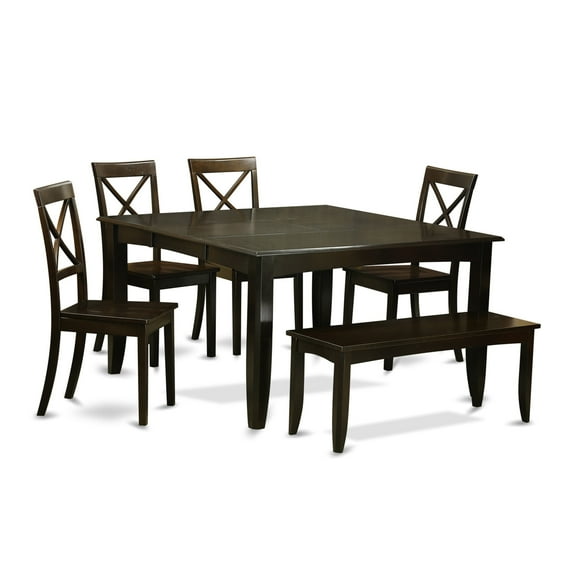 East West Furniture  Dining Table Set Contains a Square Table with Butterfly Leaf and 4 Dining Chairs with a Bench, Cappuccino