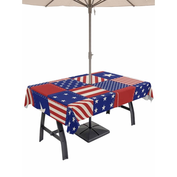 60x120 Inch Outdoor Tablecloth with Umbrella Hole Zipper Rectangle Independence Day Rectangular Tablecloths Outside Waterproof US Flag Star Stripe Vintage Patio Table Cloth Cover for Picnic Party