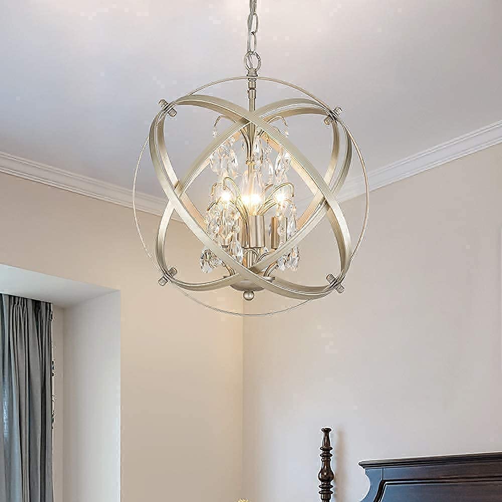 Maxax 4 Lights Cage Crystal Chandelier, Modern Globe Metal Pendant Lighting, Adjustable Sphere Farmhouse Hanging Ceiling lamp, for Kitchen, Entryway, Dining Room, Living Room, Champagne Gold