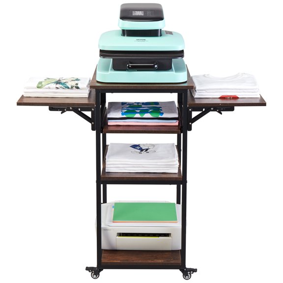 VEVOR Heat Press Table with Charging Station, 4 Tier Movable Heat Press Stand, Foldable Heat Transfer Machine Stand with Wheels, Rolling Metal Workbench for Sublimation Transfer Machine, Brown
