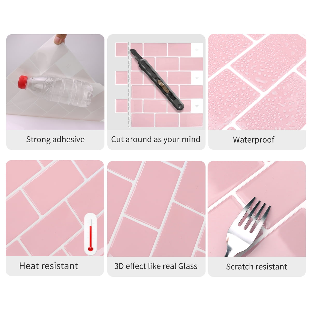 clevermosaics 12x12 Pink Marble Peel and Stick Vinyl Subway Tiles - 10 Sheets